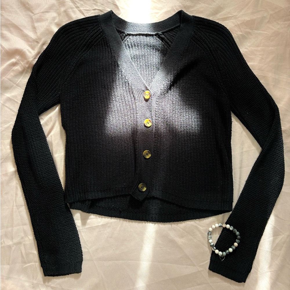 black knitted cardigan sweater with brown buttons🖤🤎